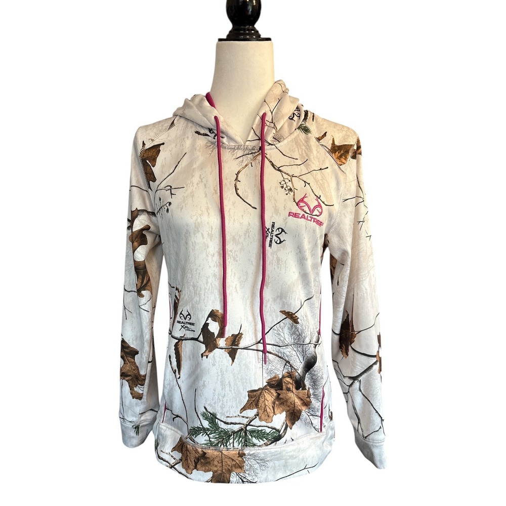 Women's Realtree Snow Camo Hoodie Pink Drawstrings Pullover Size Small